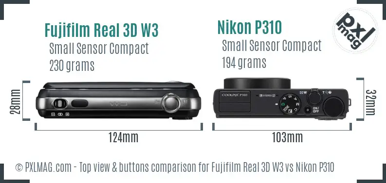 Fujifilm Real 3D W3 vs Nikon P310 top view buttons comparison Fujifilm Real 3D W3 vs Nikon P310 top view buttons comparison