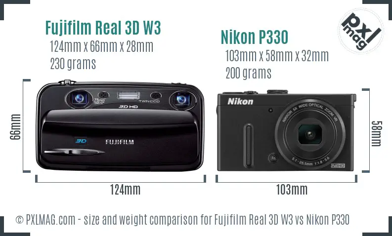 Fujifilm Real 3D W3 vs Nikon P330 size comparison