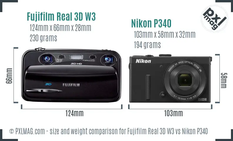 Fujifilm Real 3D W3 vs Nikon P340 size comparison