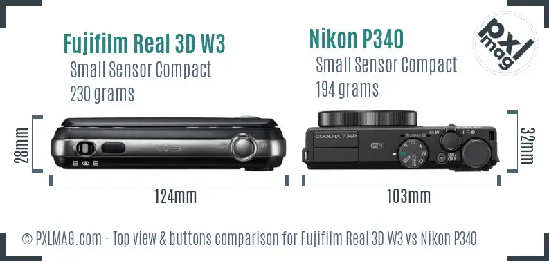 Fujifilm Real 3D W3 vs Nikon P340 top view buttons comparison