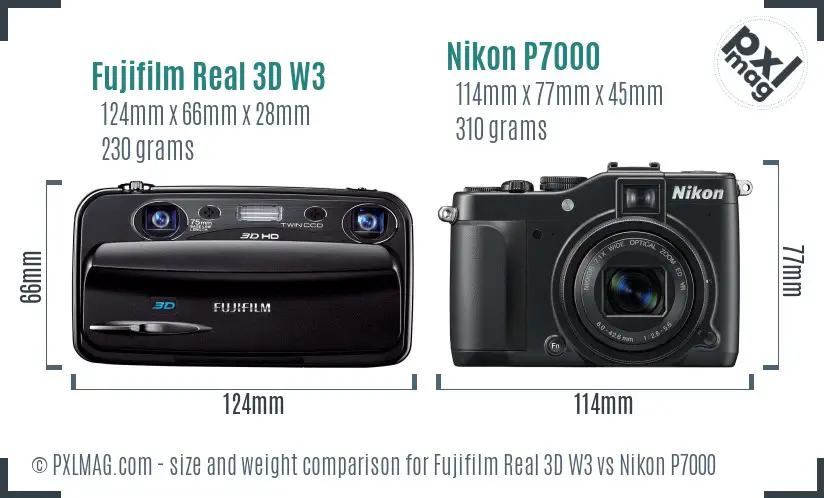 Fujifilm Real 3D W3 vs Nikon P7000 size comparison