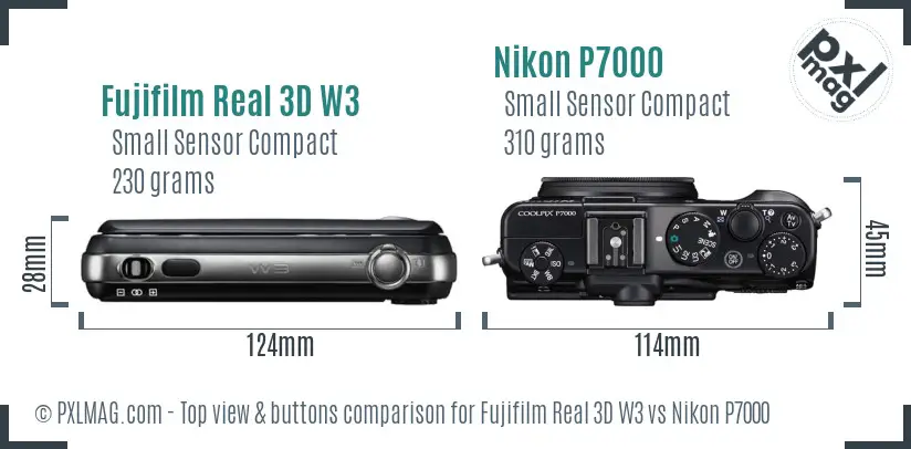 Fujifilm Real 3D W3 vs Nikon P7000 top view buttons comparison