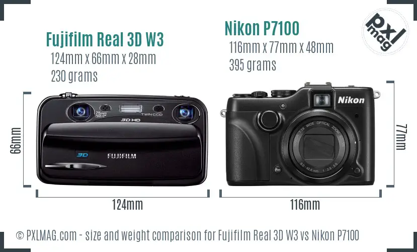 Fujifilm Real 3D W3 vs Nikon P7100 size comparison