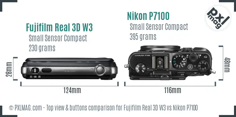 Fujifilm Real 3D W3 vs Nikon P7100 top view buttons comparison