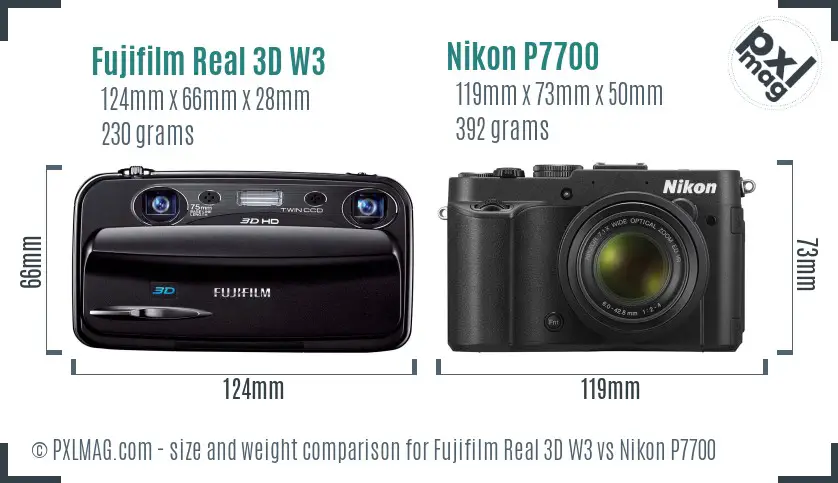 Fujifilm Real 3D W3 vs Nikon P7700 size comparison
