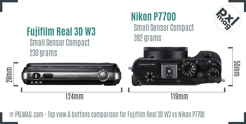 Fujifilm Real 3D W3 vs Nikon P7700 top view buttons comparison