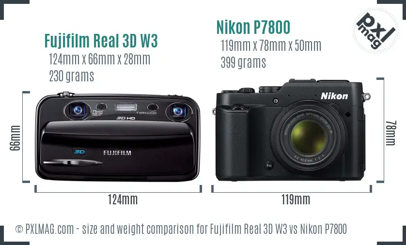Fujifilm Real 3D W3 vs Nikon P7800 size comparison