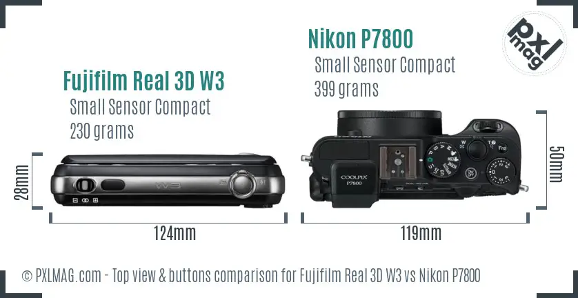 Fujifilm Real 3D W3 vs Nikon P7800 top view buttons comparison