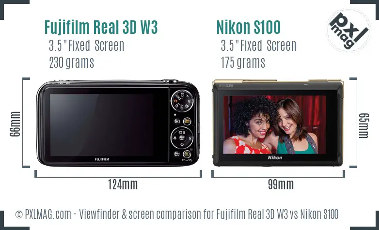 Fujifilm Real 3D W3 vs Nikon S100 Screen and Viewfinder comparison