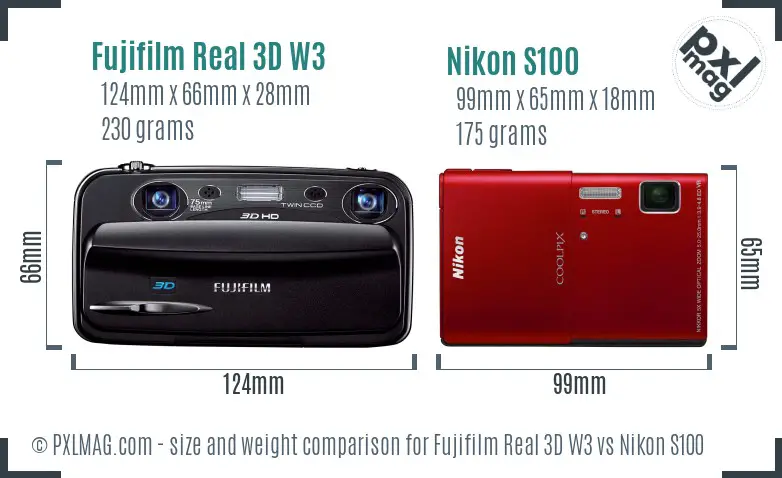 Fujifilm Real 3D W3 vs Nikon S100 size comparison