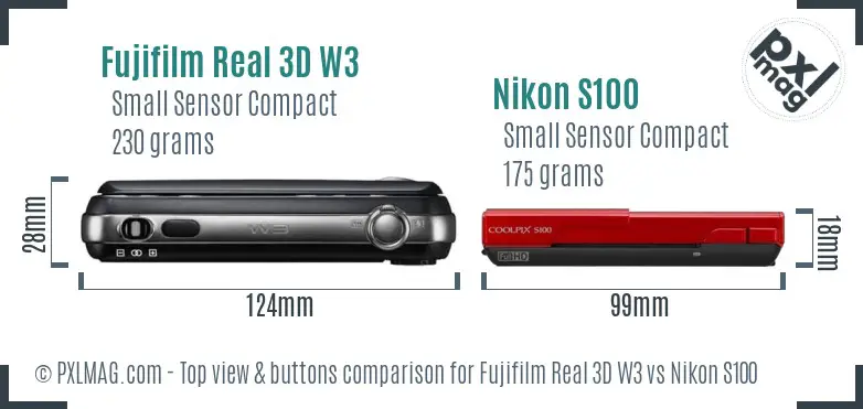 Fujifilm Real 3D W3 vs Nikon S100 top view buttons comparison
