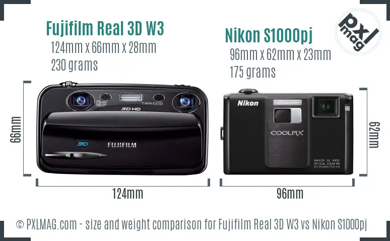 Fujifilm Real 3D W3 vs Nikon S1000pj size comparison