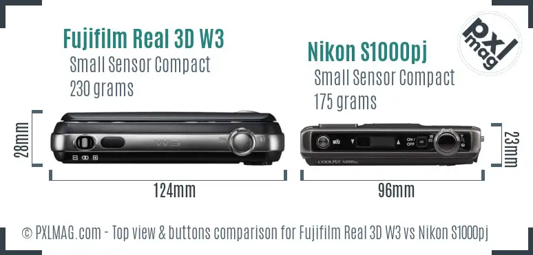 Fujifilm Real 3D W3 vs Nikon S1000pj top view buttons comparison