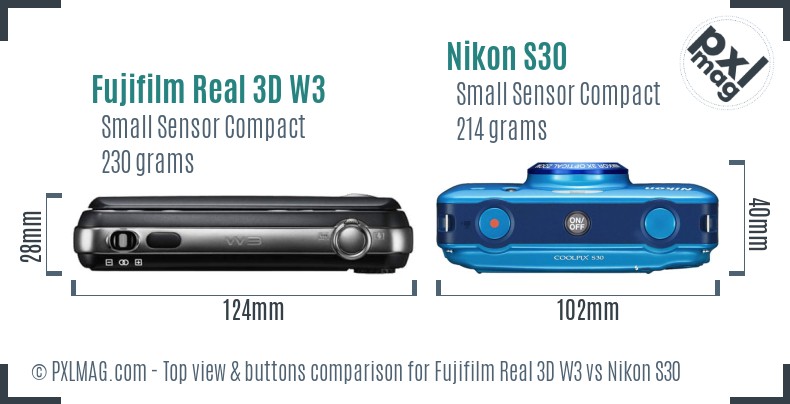 Fujifilm Real 3D W3 vs Nikon S30 top view buttons comparison