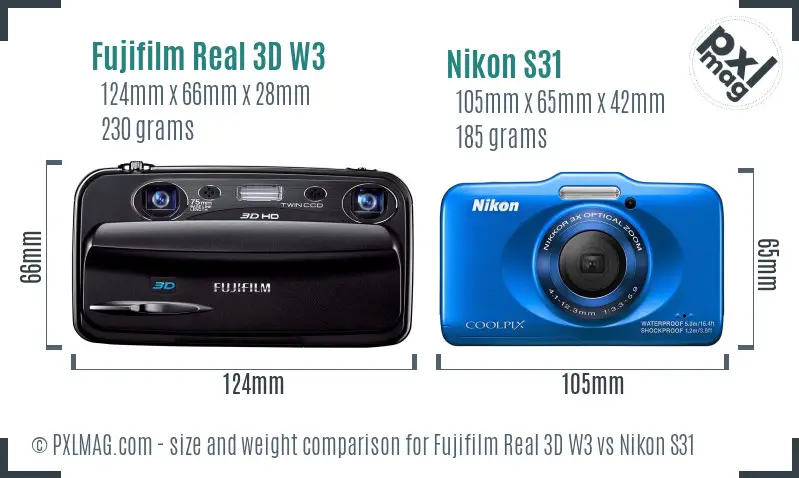 Fujifilm Real 3D W3 vs Nikon S31 size comparison