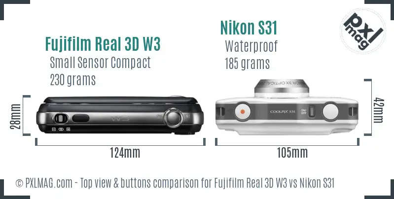 Fujifilm Real 3D W3 vs Nikon S31 top view buttons comparison
