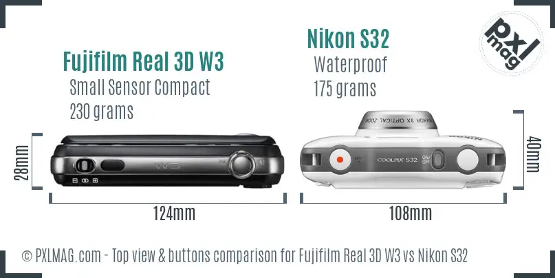 Fujifilm Real 3D W3 vs Nikon S32 top view buttons comparison Fujifilm Real 3D W3 vs Nikon S32 top view buttons comparison