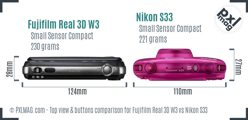 Fujifilm Real 3D W3 vs Nikon S33 top view buttons comparison