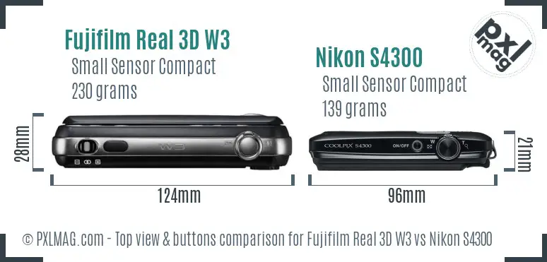 Fujifilm Real 3D W3 vs Nikon S4300 top view buttons comparison Fujifilm Real 3D W3 vs Nikon S4300 top view buttons comparison