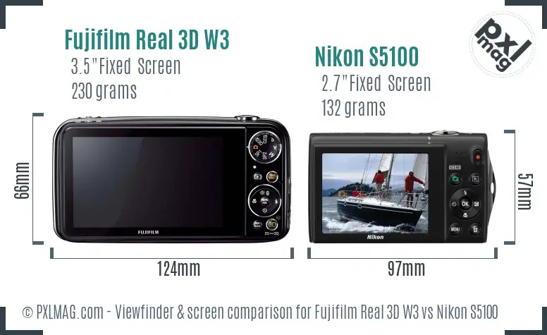 Fujifilm Real 3D W3 vs Nikon S5100 Screen and Viewfinder comparison