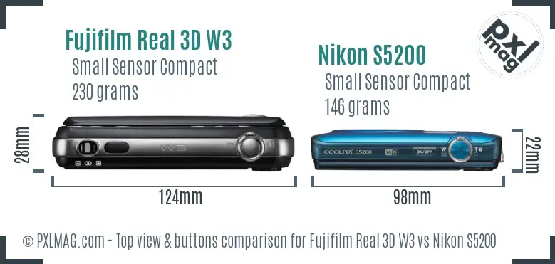 Fujifilm Real 3D W3 vs Nikon S5200 top view buttons comparison Fujifilm Real 3D W3 vs Nikon S5200 top view buttons comparison