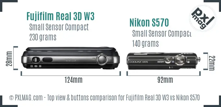 Fujifilm Real 3D W3 vs Nikon S570 top view buttons comparison Fujifilm Real 3D W3 vs Nikon S570 top view buttons comparison