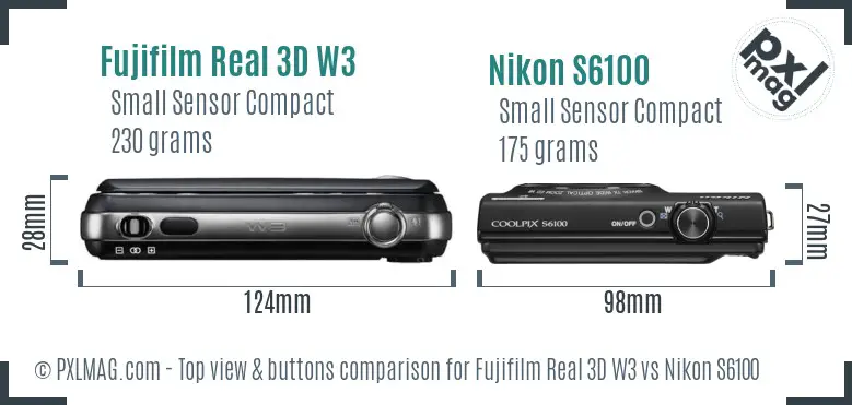 Fujifilm Real 3D W3 vs Nikon S6100 top view buttons comparison