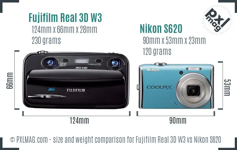 Fujifilm Real 3D W3 vs Nikon S620 size comparison
