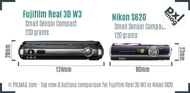 Fujifilm Real 3D W3 vs Nikon S620 top view buttons comparison