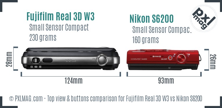 Fujifilm Real 3D W3 vs Nikon S6200 top view buttons comparison