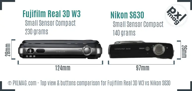 Fujifilm Real 3D W3 vs Nikon S630 top view buttons comparison