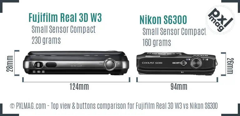Fujifilm Real 3D W3 vs Nikon S6300 top view buttons comparison Fujifilm Real 3D W3 vs Nikon S6300 top view buttons comparison