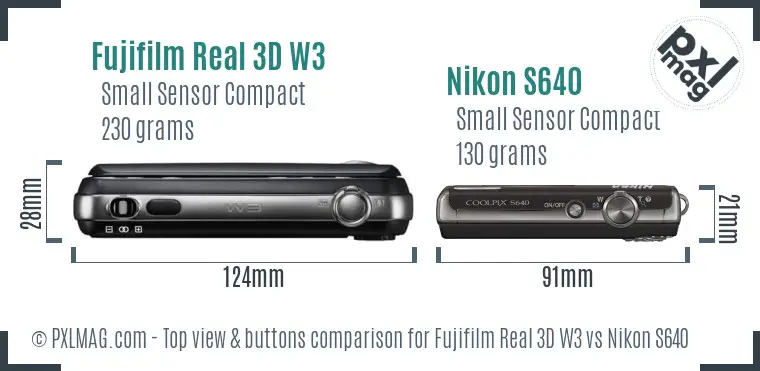 Fujifilm Real 3D W3 vs Nikon S640 top view buttons comparison
