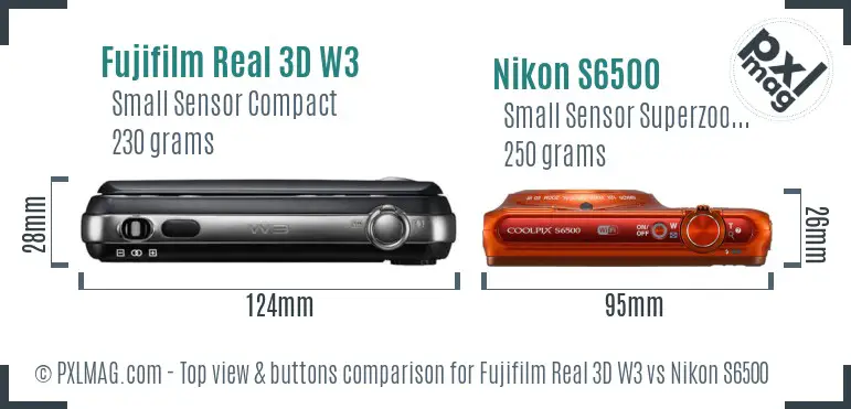 Fujifilm Real 3D W3 vs Nikon S6500 top view buttons comparison