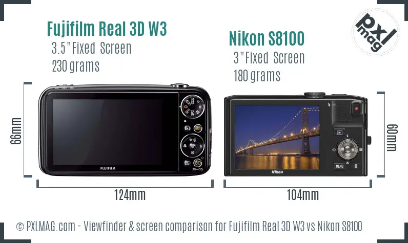 Fujifilm Real 3D W3 vs Nikon S8100 Screen and Viewfinder comparison