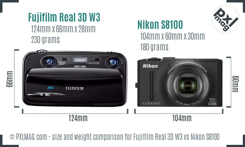 Fujifilm Real 3D W3 vs Nikon S8100 size comparison