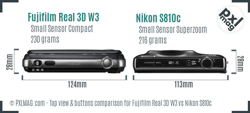 Fujifilm Real 3D W3 vs Nikon S810c top view buttons comparison Fujifilm Real 3D W3 vs Nikon S810c top view buttons comparison