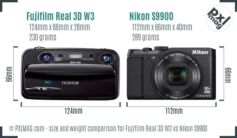 Fujifilm Real 3D W3 vs Nikon S9900 size comparison