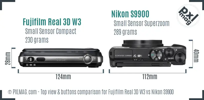 Fujifilm Real 3D W3 vs Nikon S9900 top view buttons comparison