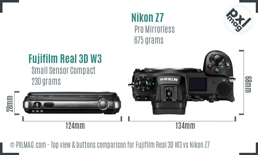 Fujifilm Real 3D W3 vs Nikon Z7 top view buttons comparison