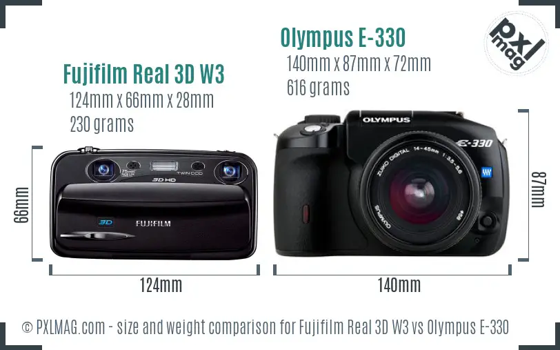 Fujifilm Real 3D W3 vs Olympus E-330 size comparison
