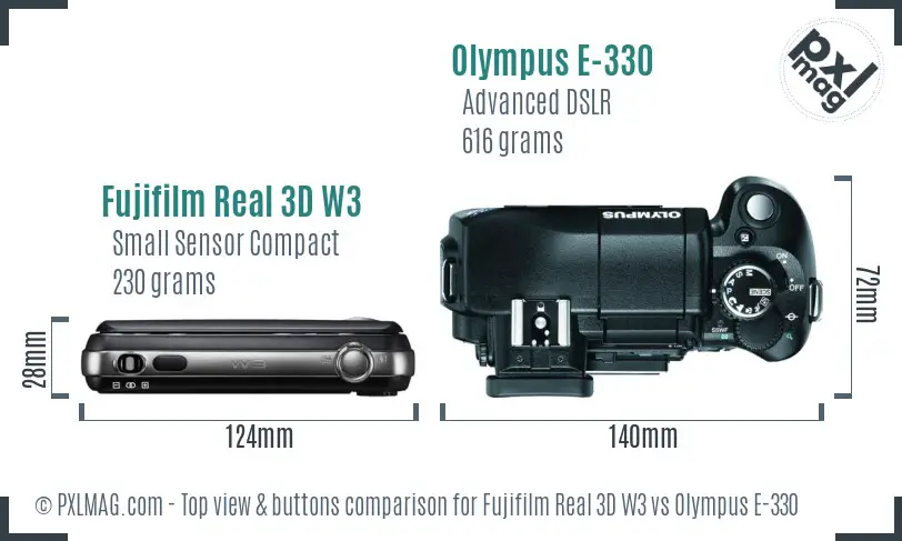 Fujifilm Real 3D W3 vs Olympus E-330 top view buttons comparison