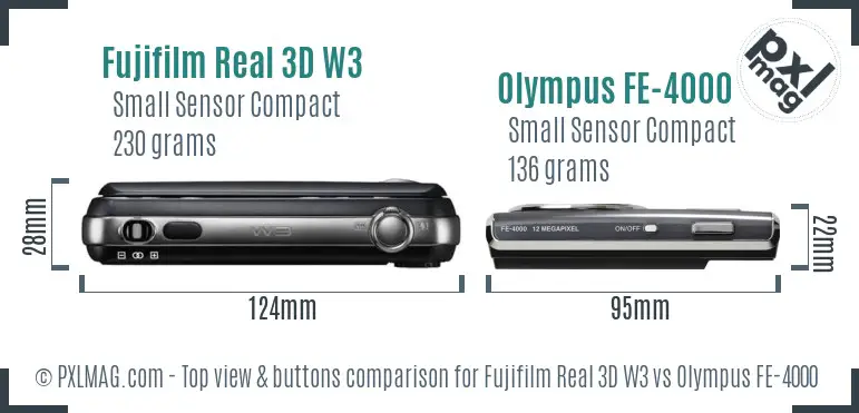 Fujifilm Real 3D W3 vs Olympus FE-4000 top view buttons comparison