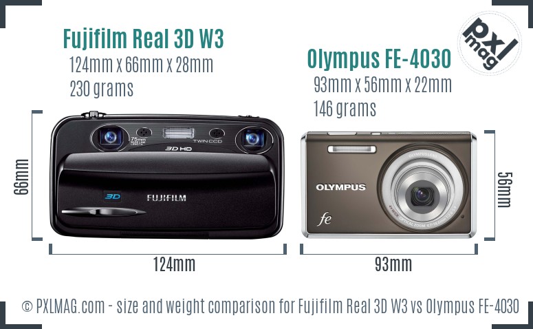 Fujifilm Real 3D W3 vs Olympus FE-4030 size comparison Fujifilm Real 3D W3 vs Olympus FE-4030 size comparison