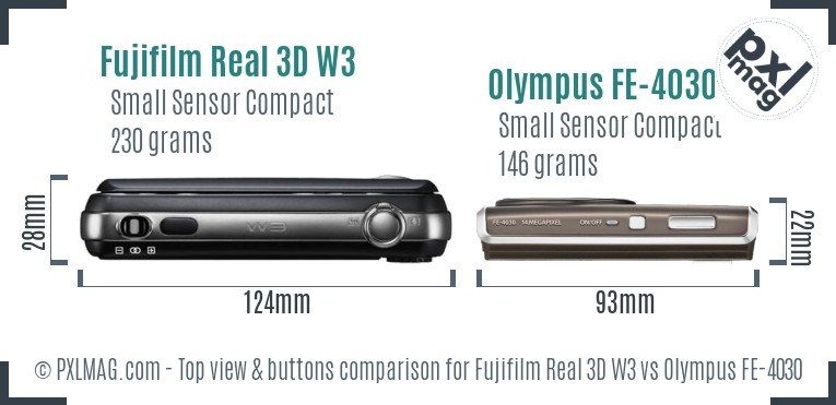 Fujifilm Real 3D W3 vs Olympus FE-4030 top view buttons comparison