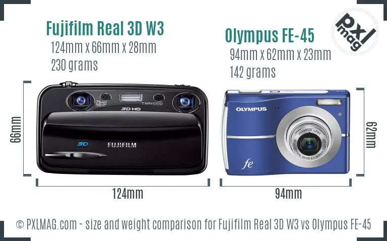 Fujifilm Real 3D W3 vs Olympus FE-45 size comparison Fujifilm Real 3D W3 vs Olympus FE-45 size comparison