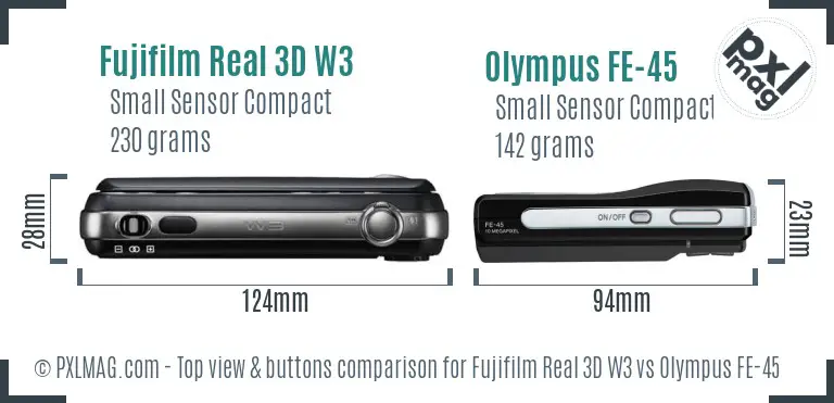 Fujifilm Real 3D W3 vs Olympus FE-45 top view buttons comparison Fujifilm Real 3D W3 vs Olympus FE-45 top view buttons comparison