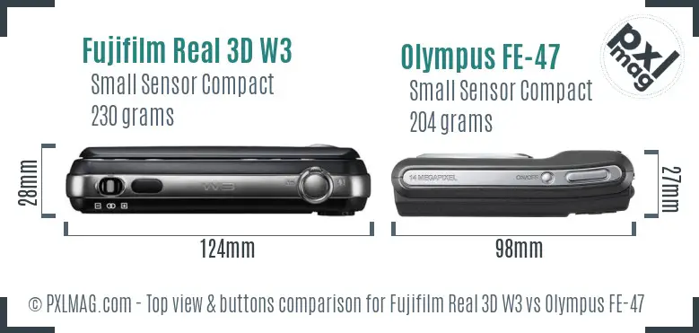 Fujifilm Real 3D W3 vs Olympus FE-47 top view buttons comparison