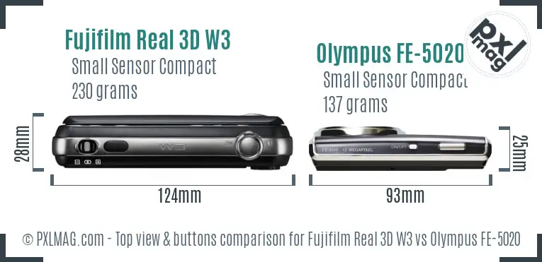 Fujifilm Real 3D W3 vs Olympus FE-5020 top view buttons comparison