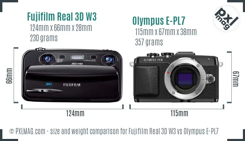 Fujifilm Real 3D W3 vs Olympus E-PL7 size comparison